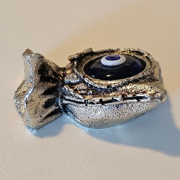 Vintage Turkish Evil Eye Paperweight Silver Metal and Blue Glass - Picture 3 of 9